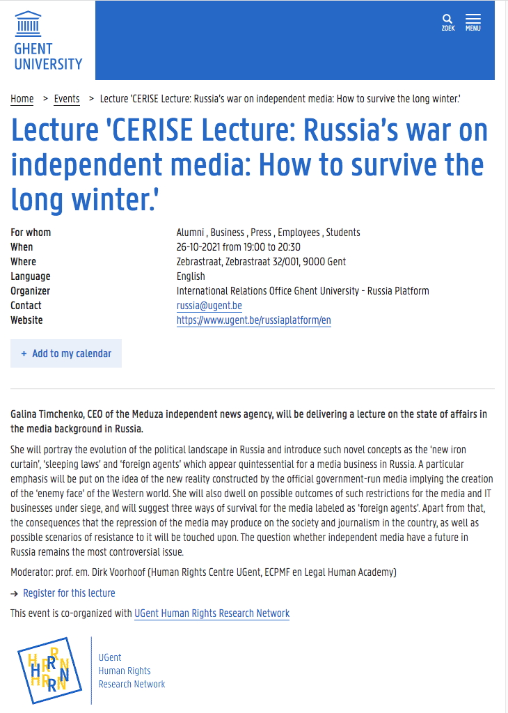 Page Internet. UGent CERISE lecture. Russia|s war on independent media -  How to survive the long winter, by Galina Timchenko. 2021-10-26